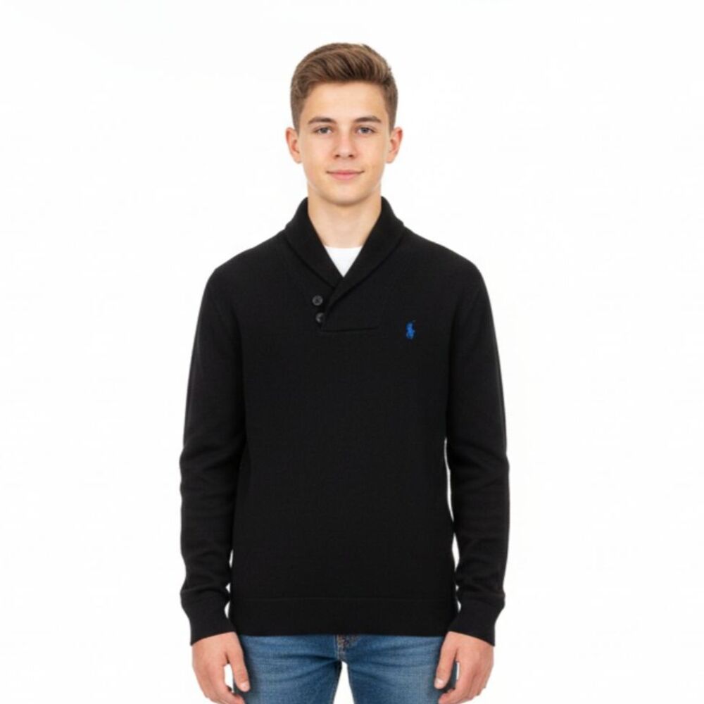 RL Polo Blue Knit Button Neck Ribbed Sweater M